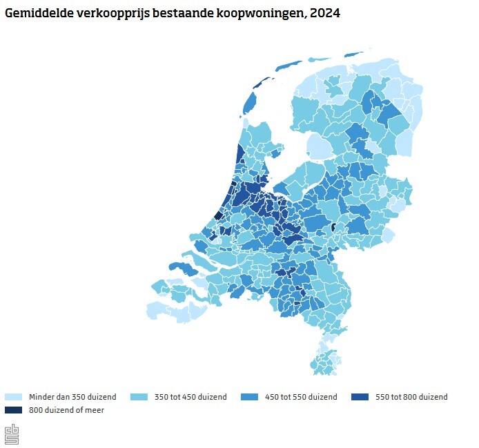 Kaart gemiddelde verkoopprijs koopwoningen 2024