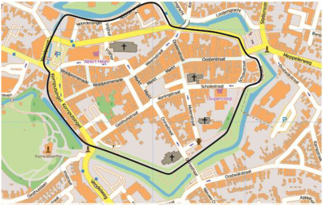 Kaart met het gebied dat in aanmerking komt voor de subsidie Vitaliteit binnenstad